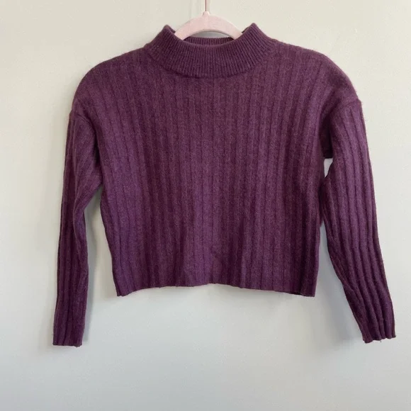 Madewell Wool Blend Mock Neck Cropped Sweater Plum Purple Ribbed - Picture 3 of 11